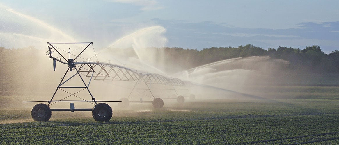 Irrigation system in full operation on a farm.